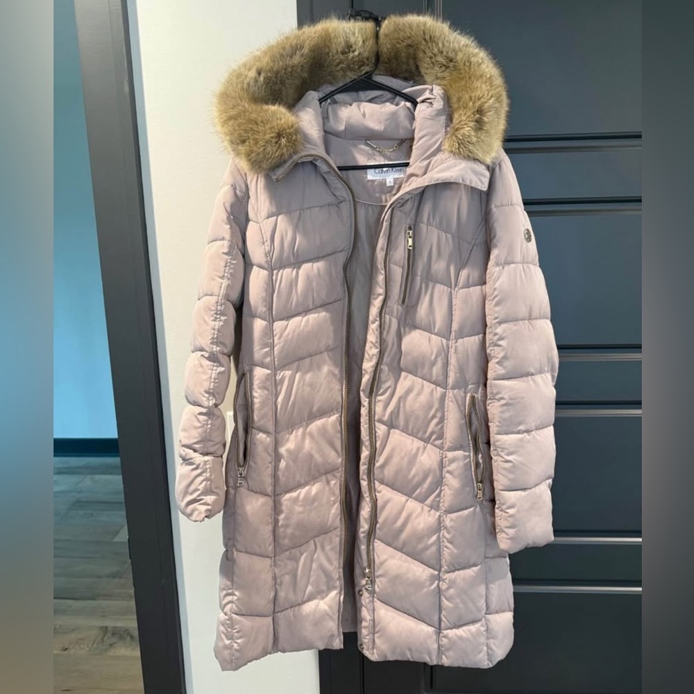 Calvin Klein Long Coat with Faux Fur Trimmed Hood